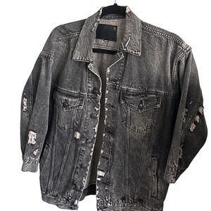 R13 Distressed Black Denim Jacket Oversized Trucker Style medium